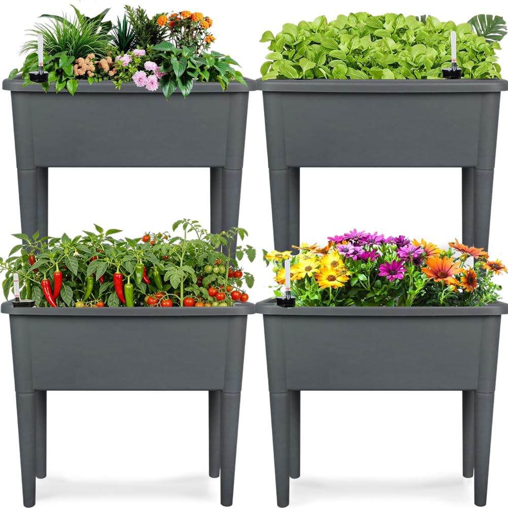 Four Grey Self-Watering Planters