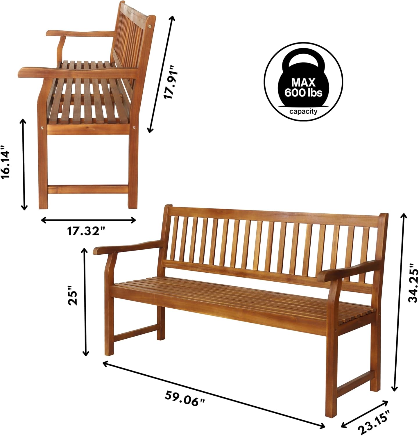 Teak Acacia Three Seat Wood Bench
