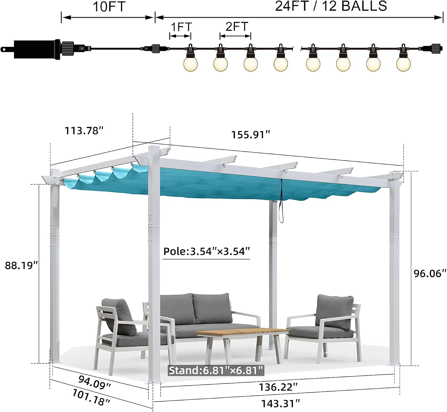 Blue Retractable LED Patio Pergola