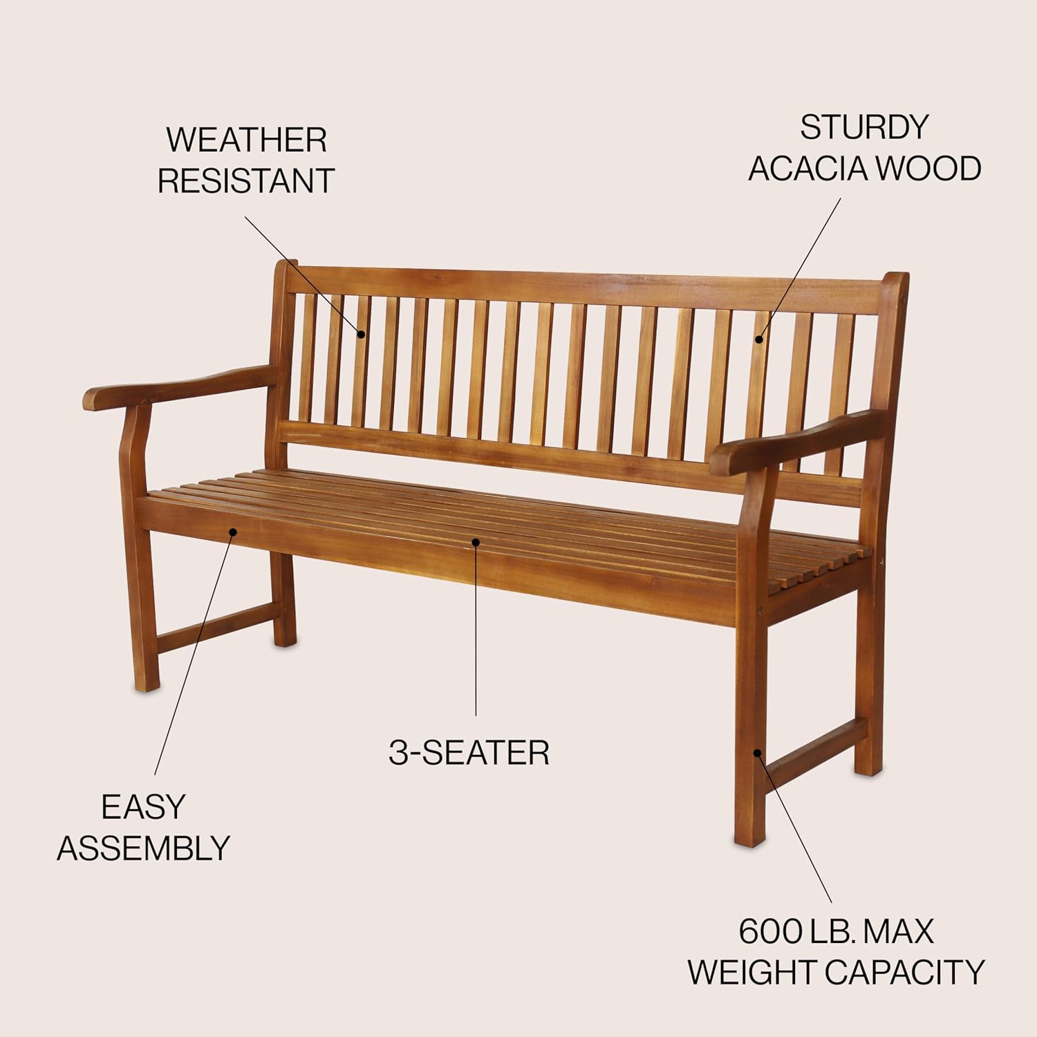 Teak Acacia Three Seat Wood Bench