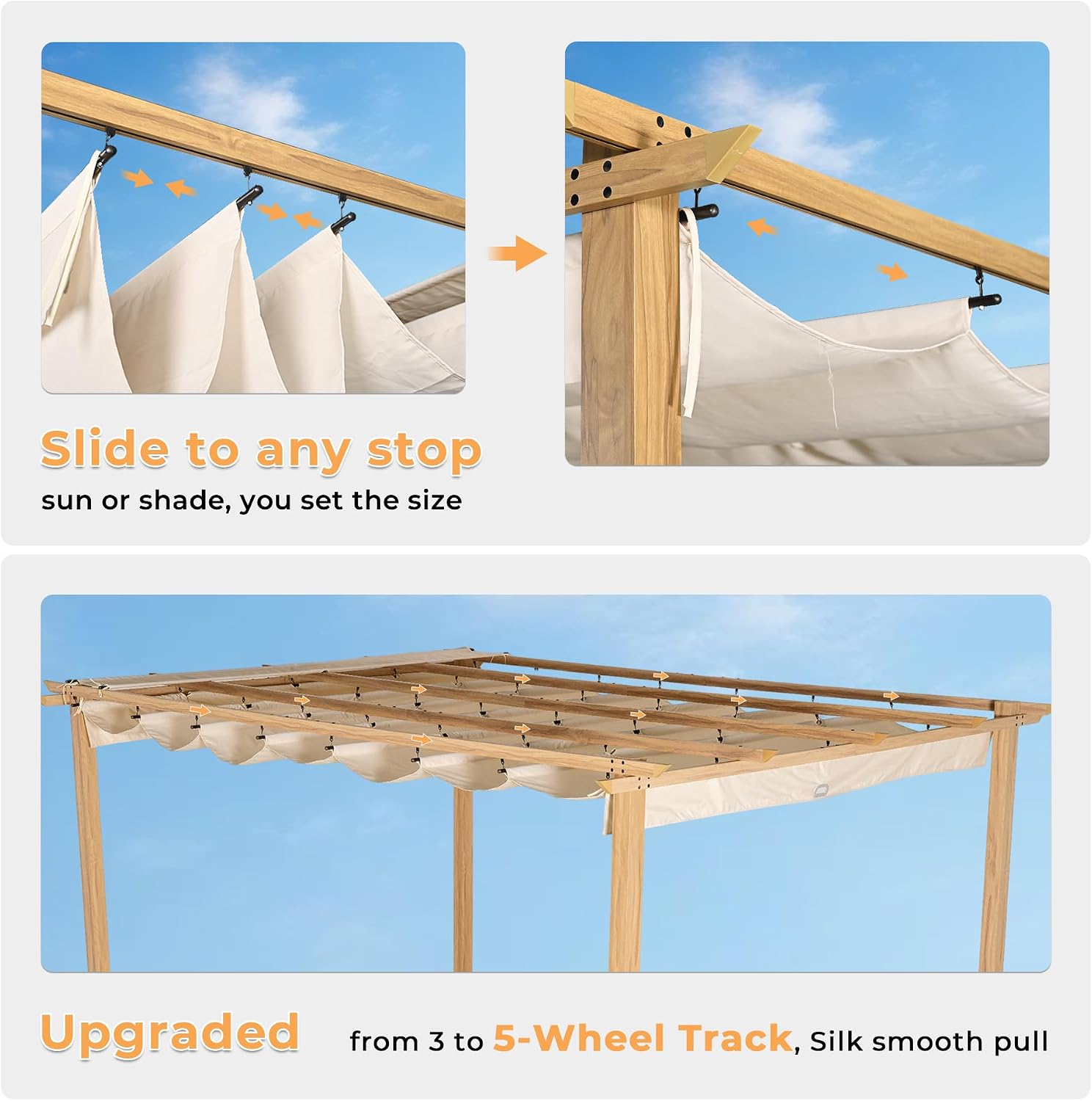 Beige Wood Grain Retractable Pergola