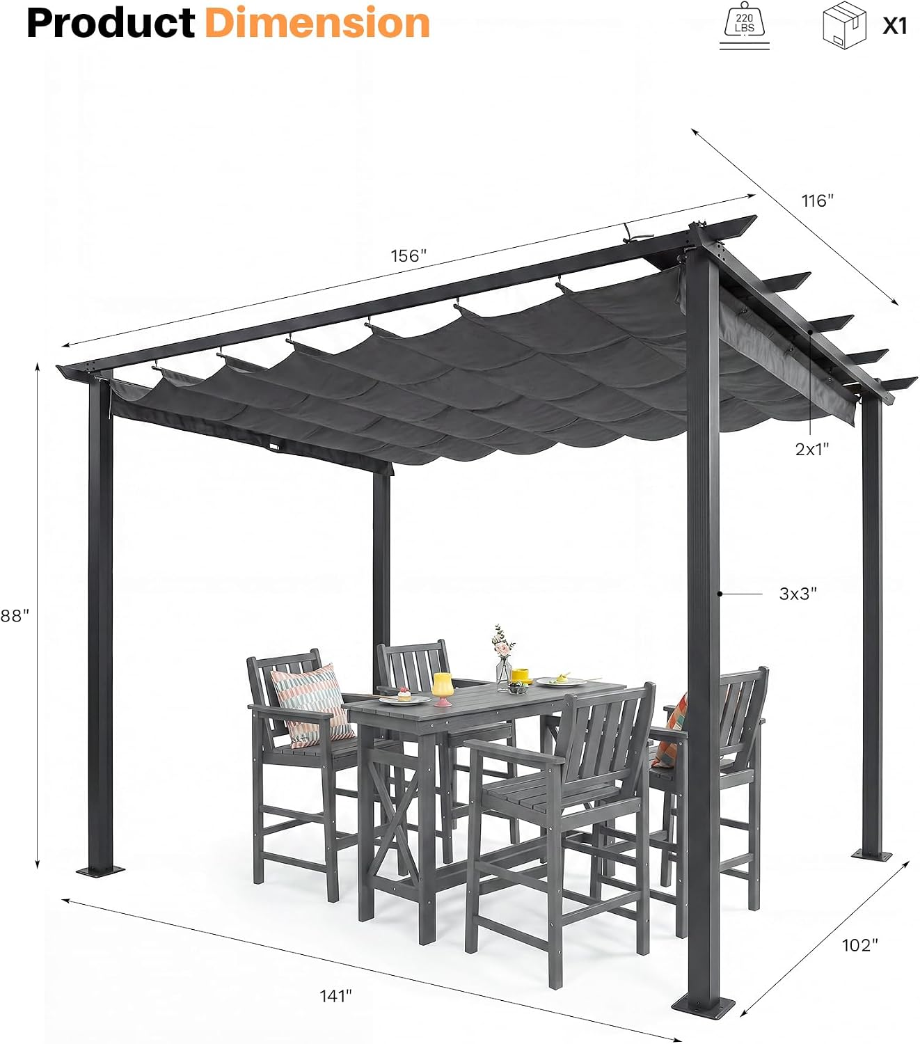 Grey Retractable Aluminum Pergola