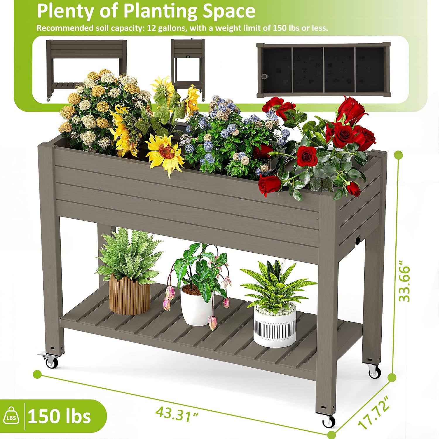 Wheeled Grey Self-Watering Planter