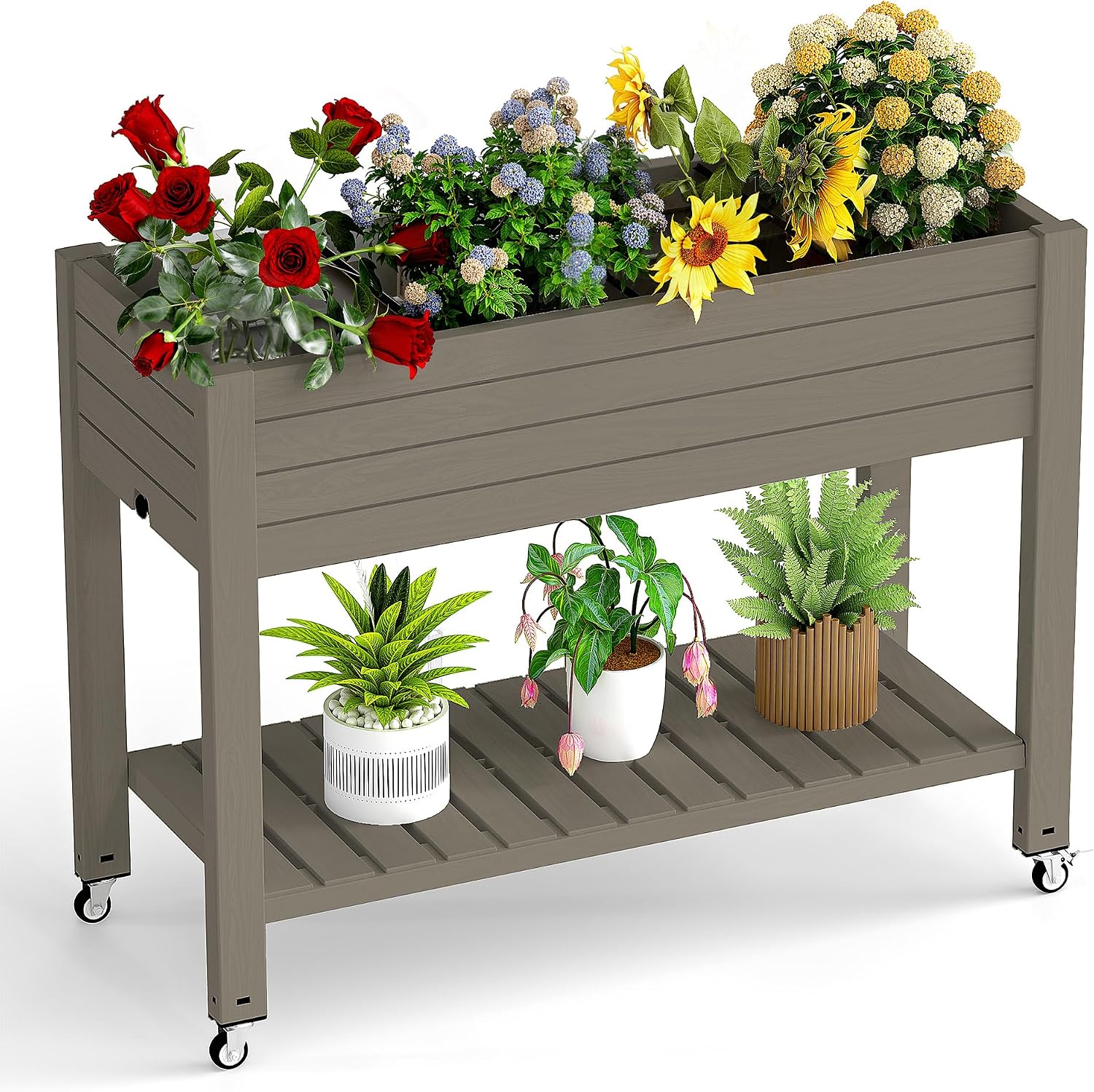 Wheeled Grey Self-Watering Planter