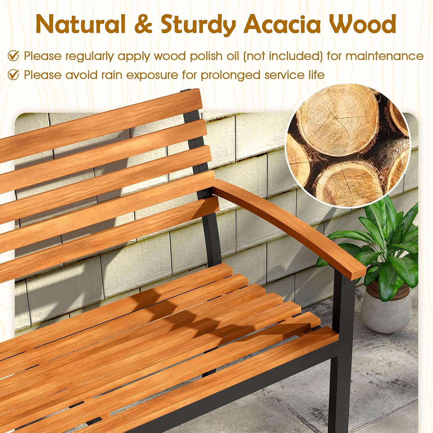 Acacia Wood Metal Frame Bench