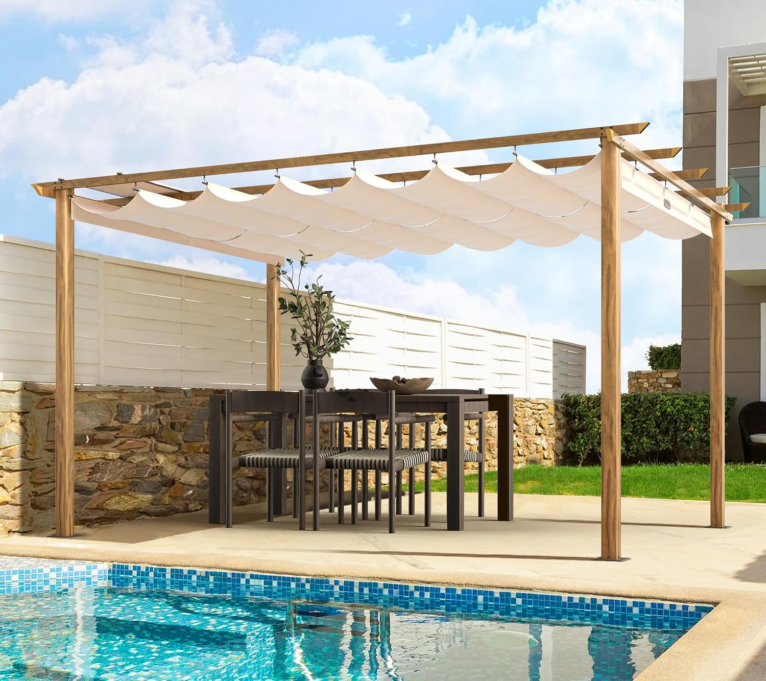 Beige Wood Grain Retractable Pergola