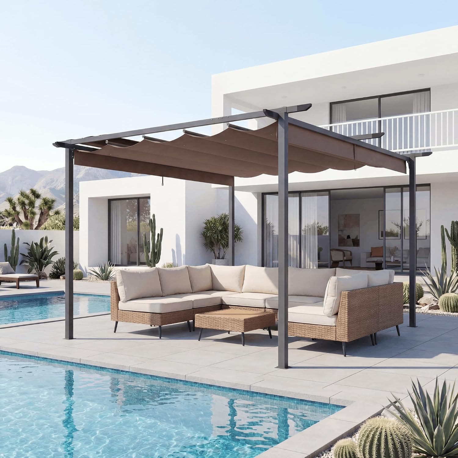Brown Retractable Aluminum Pergola
