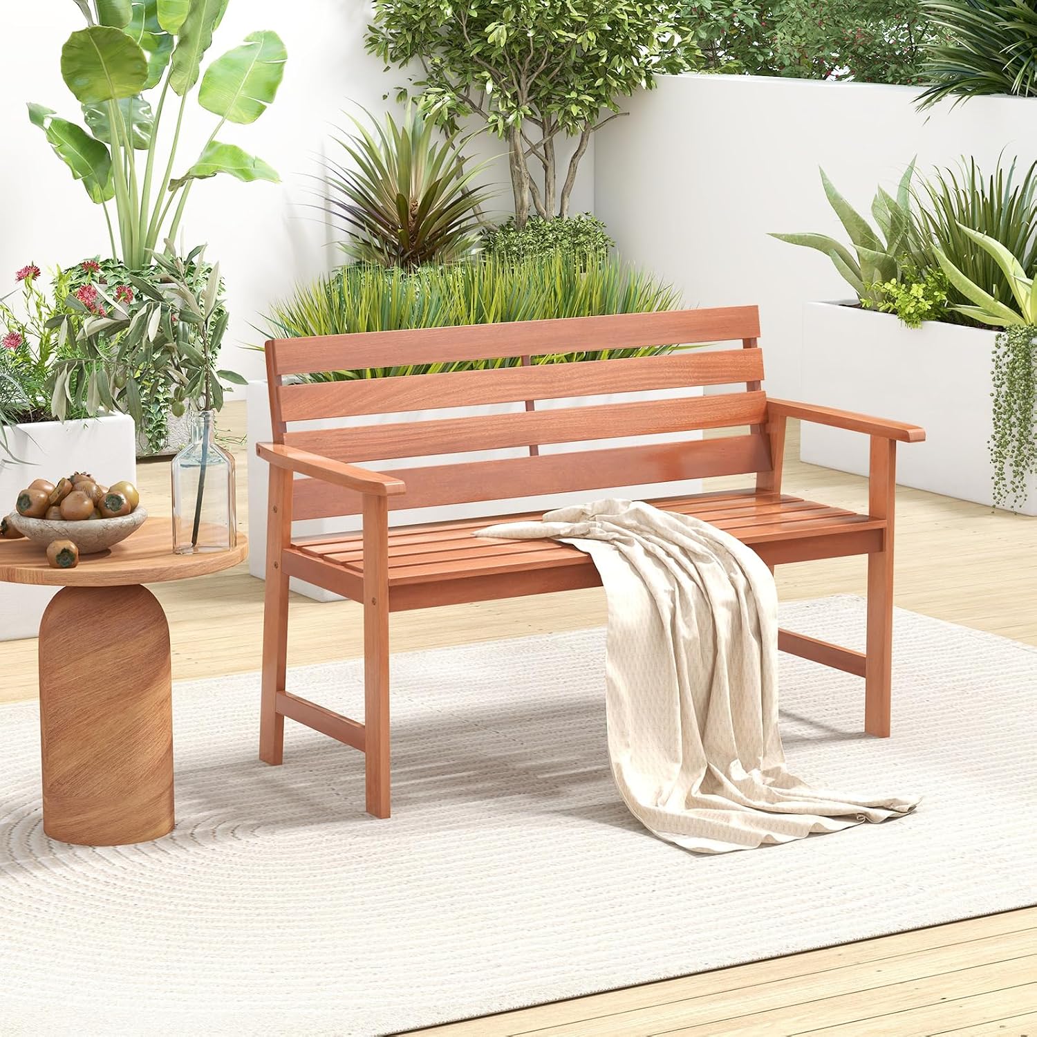 Hardwood Slatted Backrest Bench