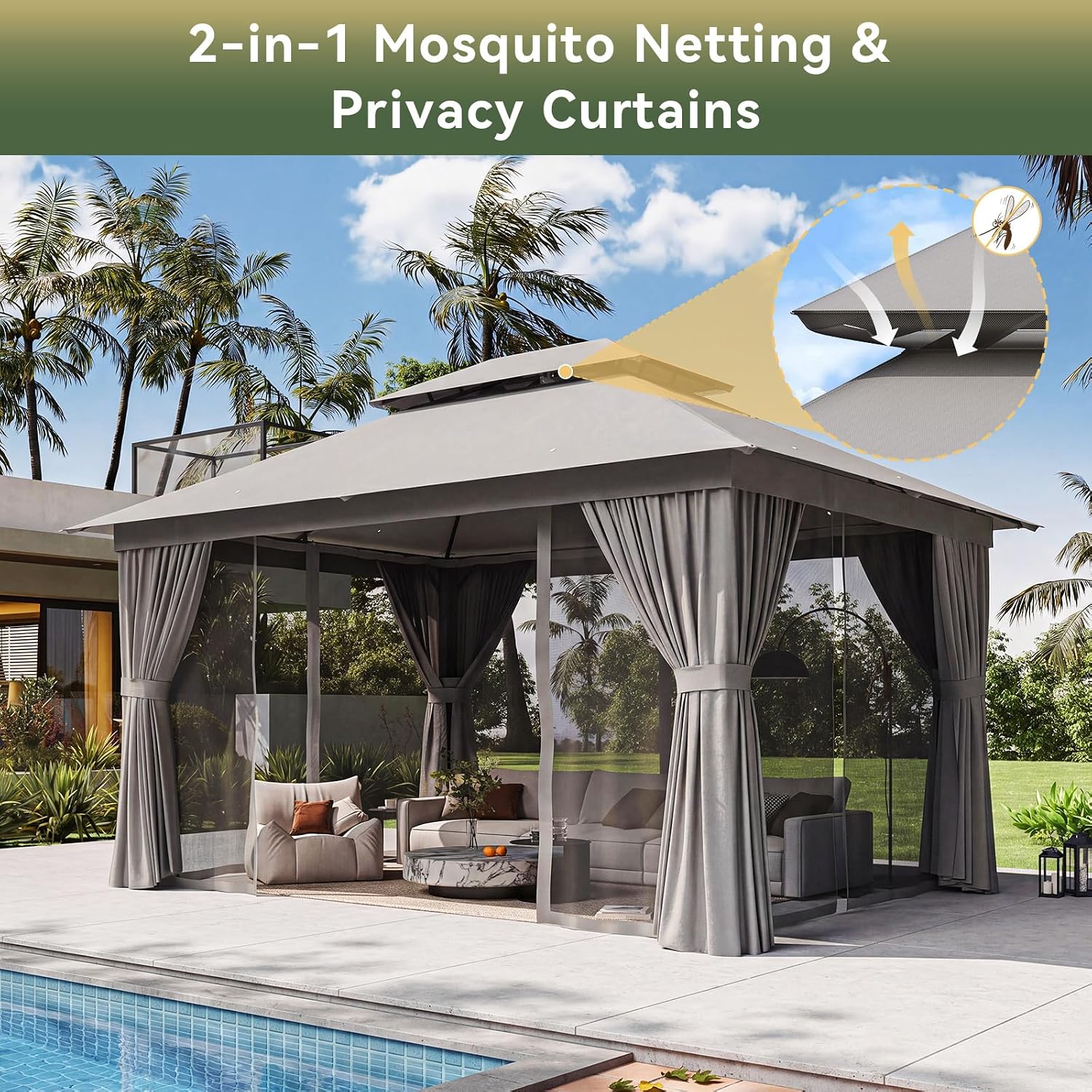 Double Roof Grey Outdoor Gazebo