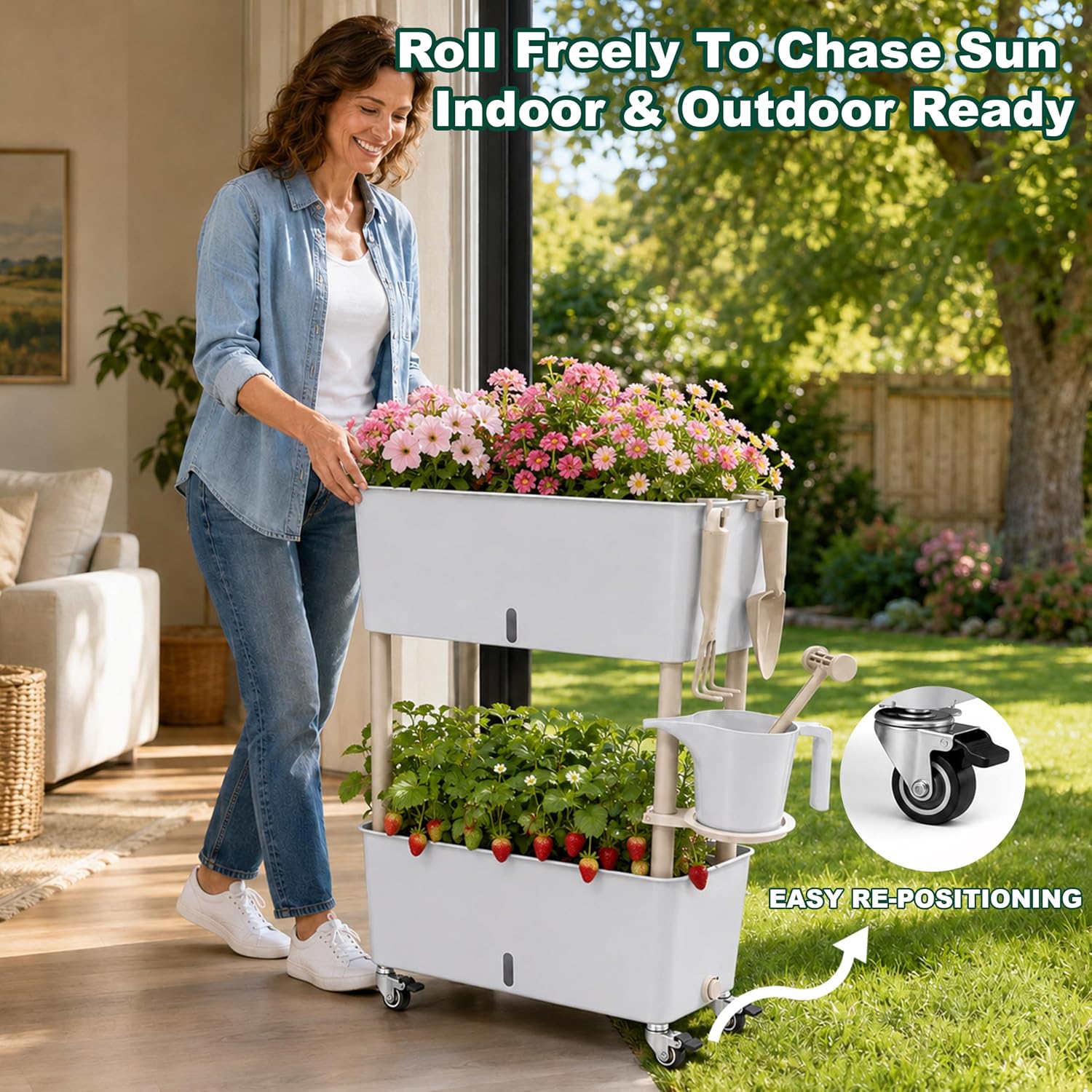 Two-Tier Wheeled Self-Water Planter