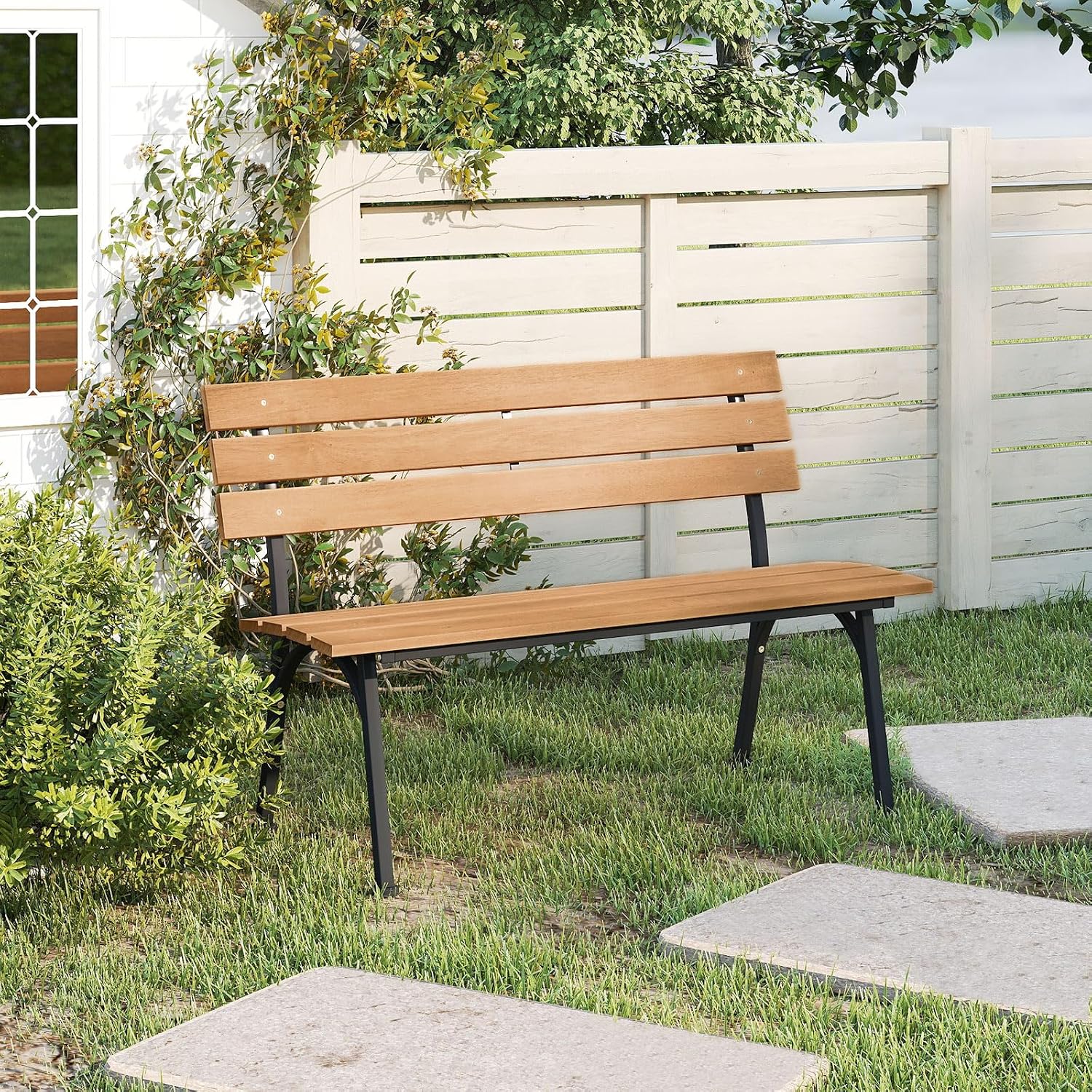 Acacia Wood Metal Frame Patio Bench