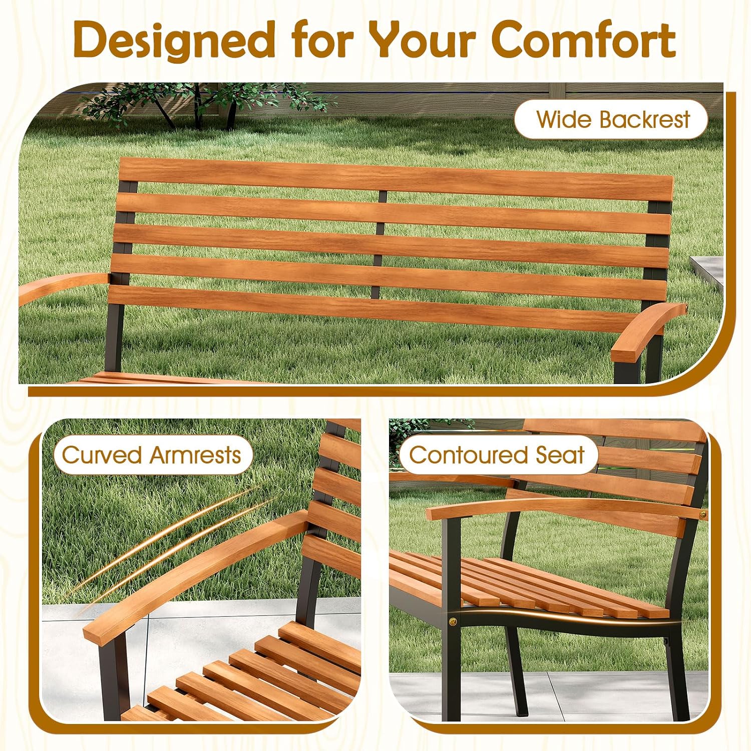 Acacia Wood Metal Frame Bench