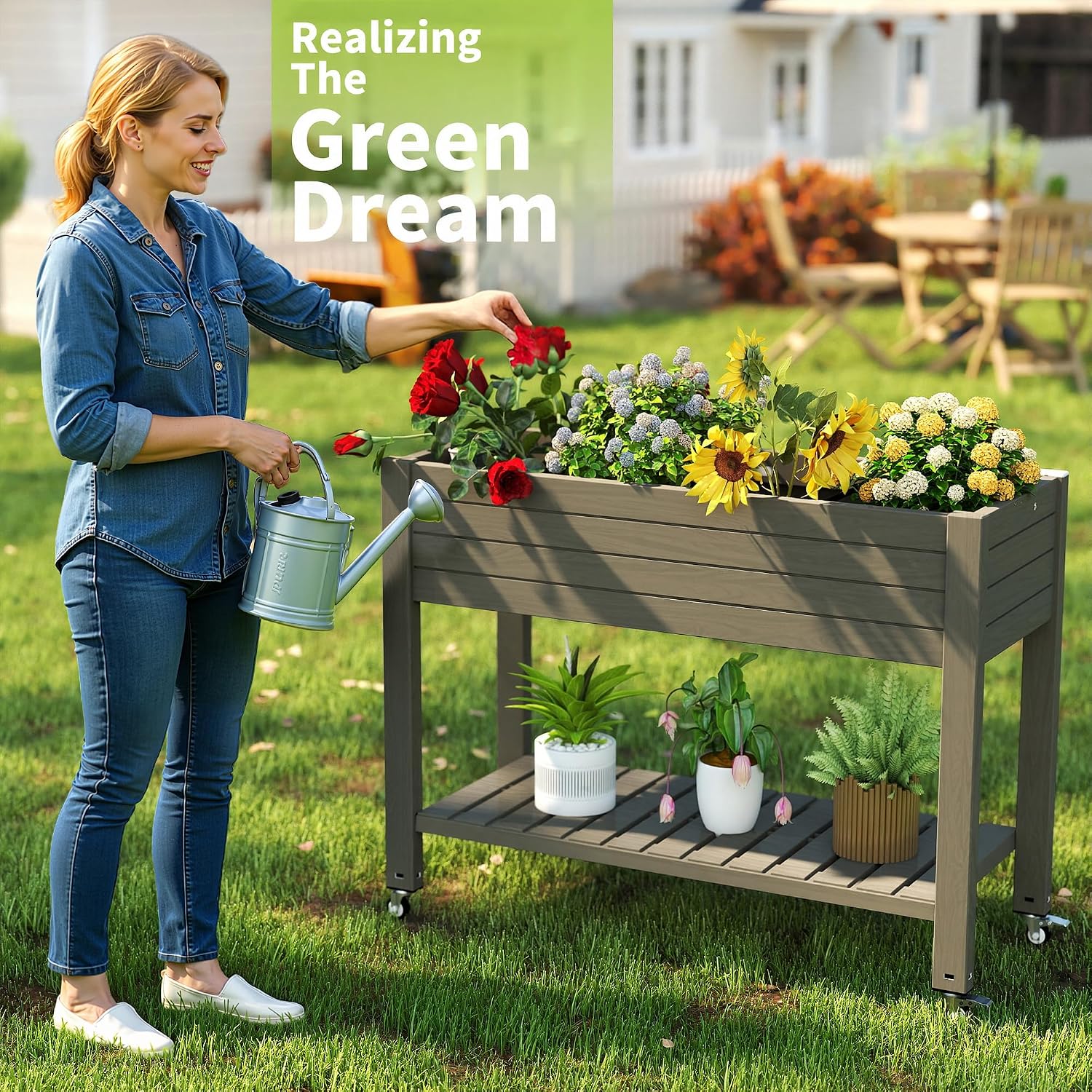 Wheeled Grey Self-Watering Planter
